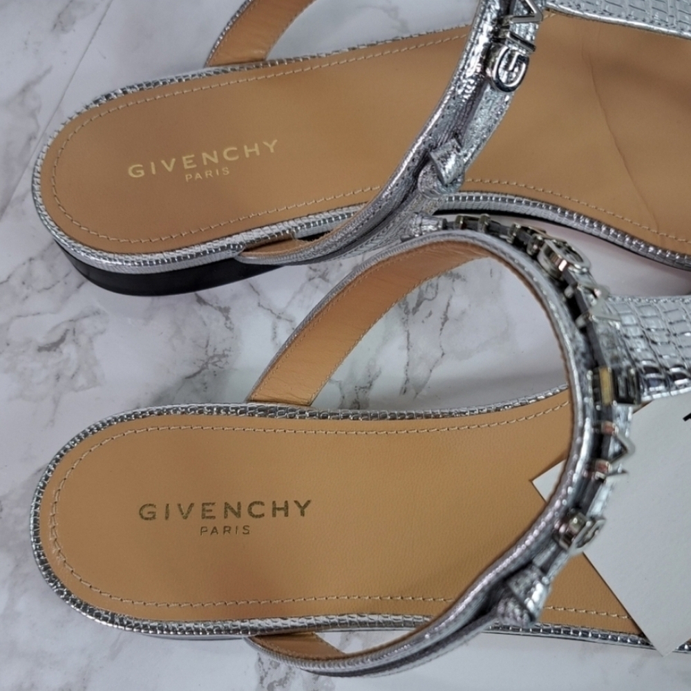 Givency Elba Lizard Embossed Silvery Metallic Leather Thong Sandals Size IT 38.5 - Picture 5 of 11